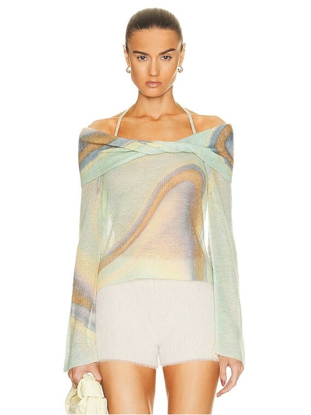 Jonathan Simkhai Pastel Swirl Off-Shoulder Sweater - Mint, Yellow, Blue, Tan